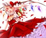  akeyo26 ascot blonde_hair bow dress fang flandre_scarlet hat highres long_hair looking_at_viewer open_mouth petals petticoat red_dress red_eyes side_ponytail solo touhou white_background wings 