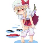  ascot bacho barefoot bent_over blonde_hair bloomers bloomers_pull blush feet flandre_scarlet hat hat_ribbon red_eyes ribbon side_ponytail skirt socks solo toes touhou undressing wings 