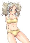  bare_shoulders blonde_hair blush collarbone fire_emblem fire_emblem:_kakusei green_eyes headdress liz_(fire_emblem) long_hair midorino_ryuusei midriff navel swimsuit twintails 