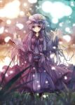 :o book bow crescent dress grass hair_bow hat long_hair loong_hair open_mouth patchouli_knowledge petals purple_eyes purple_hair ribbon solo standing teco_(4857336) touhou violet_eyes 