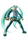  aqua_hair bare_shoulders boots clenched_hands crossdressinging detached_sleeves genderswap hatsune_miku headphones long_hair manly miniskirt muscle necktie skirt solo thigh-highs thigh_boots thighhighs thomas_(iron_tom) very_long_hair vocaloid zettai_ryouiki 