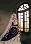  blue_eyes bouquet breasts cleavage curly_hair dress earrings elbow_gloves flower gloves hair_flower hair_ornament highres jewelry long_hair looking_at_viewer megurine_luka pink_hair solo veil very_long_hair vient vocaloid wedding_dress window 