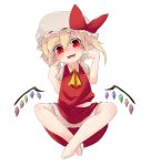  :3 ascot bacho barefoot blonde_hair bloomers blush fangs finger_to_face flandre_scarlet hat hat_ribbon indian_style open_mouth red_eyes ribbon short_hair side_ponytail sitting smile solo touhou wings 