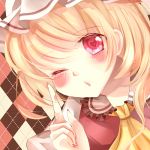  aliprojectlove argyle argyle_background ascot blonde_hair blush close-up face flandre_scarlet hands hat heart heart-shaped_pupils lowres nail_polish red_eyes short_hair solo symbol-shaped_pupils touhou wink 