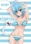  animal_ears armpits arms_behind_head arms_up bikini blue_eyes blue_hair cat_ears dated highres mint_(cerbi) original striped striped_bikini striped_swimsuit swimsuit tail 