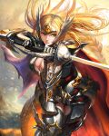 armor blonde_hair breasts cape gauntlets green_eyes hei_mao_de_zu_ji helmet long_hair original smile solo sword weapon 