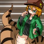  blonde_hair cabbie_hat forked_tongue green_eyes hat lamia monster_girl open_clothes open_shirt original pins short_hair snake_tail solo tamanegi_tarou tongue tongue_out vertical_stripes 