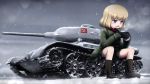  black_legwear blonde_hair blue_eyes blush caterpillar_tracks chipika coat coffee girls_und_panzer gloves highres katyusha military military_uniform military_vehicle miniskirt open_mouth pleated_skirt shoes short_hair sitting skirt snow socks solo t-34 tank uniform vehicle 