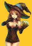  1girl :d bare_shoulders breasts brown_eyes brown_hair cleavage deneb_rove elbow_gloves female gloves hat kara_(color) large_breasts long_hair looking_at_viewer open_mouth pumpkin simple_background smile solo tactics_ogre witch witch_hat yellow_background 