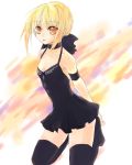  bare_shoulders blonde_hair breasts cleavage dress fate/stay_night fate_(series) flat_chest hair_ribbon ribbon ryu-ka saber saber_alter solo thigh-highs thighhighs yellow_eyes 