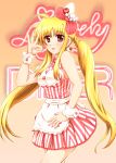  blonde_hair blush breasts diesel-turbo dress earrings fate_testarossa gradient gradient_background hair_ornament heart heart_earrings jewelry lyrical_nanoha mahou_shoujo_lyrical_nanoha mizuki_nana solo striped twintails wrist_cuffs 