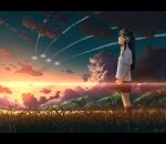  airplane black_hair brown_eyes condensation_trail field headphones highres lens_flare letterboxed long_hair mac_naut original profile red skirt sky solo star sunset wheat 