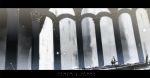  anime_coloring arch architecture blue_hair colonnade column hinanawi_tenshi letterboxed light_particles no_hat no_headwear pillar scenery siirakannu solo touhou water waterfall weapon 