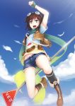  arm_up azuri boots brown_hair cloud clouds cross-laced_footwear denim denim_shorts fingerless_gloves from_below gloves goggles goggles_on_head green_eyes highres jewelry jumping kerasu necklace open_mouth original scarf short_hair shorts sign sky solo stop_sign 