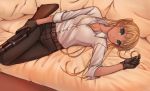  adult artist_request blonde_hair breasts cleavage gloves green_eyes gun gunslinger_girl kou_(garakuta_teikoku) lying on_side pants shirt shotgun solo triela weapon winchester_model_1897 