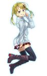  blonde_hair blue_eyes boots braid copyright_request grin hair_ornament highres kno1 light looking_back miniskirt skirt sleeves_past_wrists smile solo sweater thigh-highs thighhighs twin_braids twintails zettai_ryouiki 