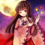  black_hair branch dress full_moon hatasan hime_cut houraisan_kaguya japanese_clothes jeweled_branch_of_hourai long_hair moon open_mouth red_eyes smile solo touhou wink 