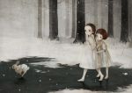  barefoot braid brown_hair bunny copyright_request dress forest good9ight ice long_hair multiple_girls nature rabbit scared short_hair siblings sisters snow snowing twin_braids walking white_dress winter 