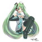  2012 ahoge artist_name boots detached_sleeves green_eyes green_hair hatsune_miku headphones heart heart_hands highres long_hair looking_at_viewer necktie open_mouth simple_background sitting skirt solo thigh-highs thigh_boots thighhighs twintails ugeppa very_long_hair vocaloid white_background 