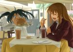  black_hair blue_eyes brown_hair chair charlotte_e_yeager closed_eyes drink eating eyes_closed food fork francesca_lucchini french_fries hamburger knife long_hair military military_uniform multiple_girls open_mouth plate quick10_117117 sitting straw strike_witches table twintails uniform 