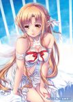  asuna_(sao) asuna_(sao-alo) bare_shoulders blush breasts brown_eyes brown_hair collarbone elf hand_on_thigh long_hair navel pointy_ears sitting smile solo sword_art_online titania_(sao) watermark youqiniang 