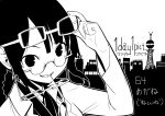  bust glasses grin highres holding holding_glasses monochrome mouth_hold nattsu_(seiga5246281) original smile solo 