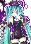  alternate_costume aqua_hair blue_eyes cd cuffs elbow_gloves fork gears gloves hand_cuffs handcuffs hat hatsune_miku highres kouusagi long_hair peaked_cap project_diva project_diva_f sadistic_music_factory_(vocaloid) solo thigh-highs thighhighs tongue twintails very_long_hair vocaloid 