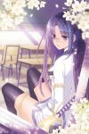  black_legwear breasts chain chains chalkboard desk flower glasses long_hair looking_outside original purple_eyes purple_hair riki_(elseeker) school_uniform sitting skirt solo thigh-highs thighhighs violet_eyes window zettai_ryouiki 