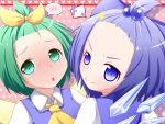  &gt;:) alternate_hairstyle ascot blue_dress blue_eyes blue_hair blush bow chestnut_mouth cirno daiyousei dress fairy_wings forehead green_eyes green_hair hair_bobbles hair_bow hair_ornament hair_ribbon highres looking_at_viewer makuran multiple_girls ribbon shirt smile spoken_blush topknot touhou wings 