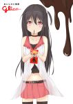  belt black_hair black_legwear chocolate choker food_in_mouth glico highres kudrove long_hair mouth_hold navel original pocky red_eyes side_ponytail skirt solo thigh-highs thighhighs vest 