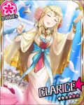  bell blonde_hair blue_sky cape character_name chorister church clarice closed_eyes eyes_closed feathers flower hair_ornament idolmaster idolmaster_cinderella_girls jewelry jpeg_artifacts official_art singing sky solo 