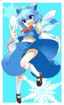  :d ascot bare_shoulders blue_eyes blue_hair bobby_socks cirno cosplay detached_sleeves fang hakurei_reimu hakurei_reimu_(cosplay) highres ice jpeg_artifacts kneehighs looking_at_viewer mary_janes navel open_mouth phenne shoes short_hair smile snowflakes socks solo touhou white_legwear wings 