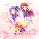  aikatsu! blonde_hair blue_eyes blue_hair blush brown_hair chibi chika_(orange_pop) floating hair_ribbon hoshimiya_ichigo kiriya_aoi long_hair looking_at_viewer multiple_girls open_mouth outstretched_arms purple_eyes red_eyes ribbon shibuki_ran skirt smile spread_arms violet_eyes wavy_mouth 