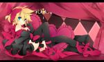  black_legwear blonde_hair blue_eyes bow crossdressinging dress elbow_gloves gloves hair_bow highres kagamine_len leeannpippisum letterboxed looking_at_viewer male pillow sitting smile solo thigh-highs thighhighs trap vocaloid 