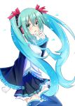  aqua_eyes aqua_hair detached_sleeves hair_ribbon hatsune_miku headphones long_hair mikan_no_shiru necktie ribbon simple_background skirt solo thigh-highs thighhighs twintails very_long_hair vocaloid white_background 