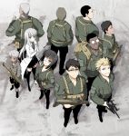  6+boys assault_rifle backpack bag bangs black_hair blonde_hair blue_eyes blunt_bangs breasts brown_eyes brown_hair cigarette cleavage coat crew_cut crossed_arms dark_skin from_above glasses grey_hair grin gun hoodie johnathan_mar jormungand koko_hekmatyar lehm lehm_brick load_bearing_vest long_hair looking_up lutz mao_(jormungand) military military_uniform multiple_boys multiple_girls necktie red_eyes rifle scar short_hair shorts silver_hair skirt smile smoking sniper_rifle socci_renato sofia_valmer spiked_hair spiky_hair submachine_gun suzuri thigh-highs thighhighs toujou_akihiko ugo uniform weapon william_nelson 