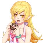  :d bakemonogatari bare_shoulders blonde_hair blush bust collarbone doughnut gonster holding long_hair monogatari_(series) open_mouth oshino_shinobu pointy_ears revision simple_background smile solo white_background yellow_eyes 