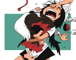  animal_ears barefoot black_hair black_wings carrying commentary_request face_grab hat hat_removed hat_ribbon headwear_removed inubashiri_momiji multiple_girls onikobe_rin open_mouth ribbon shameimaru_aya shirt short_hair short_sleeves side_slit silver_hair skirt tail tokin_hat touhou wings wolf_ears wolf_tail 