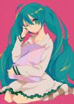  ahoge dress green_hair hatsune_miku long_hair pillow simple_background sitting socks solo striped twintails very_long_hair vocaloid wings 