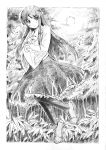  bamboo bamboo_forest black_legwear egasumi forest graphite_(medium) hands_in_sleeves houraisan_kaguya long_hair monochrome moon nature pantyhose shoes skirt solo touhou traditional_media vent_arbre wide_sleeves 