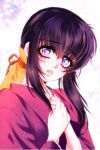  bangs basilisk_(manga) black_hair bust eyelashes hands_on_own_chest hands_together head_tilt iga_oboro japanese_clothes kimono lips looking_at_viewer lowres momochio parted_lips ponytail purple_eyes solo violet_eyes 