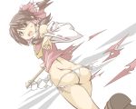  ascot ass bare_shoulders bow brown_eyes brown_hair detached_sleeves gohei hair_bow hair_tubes hakurei_reimu no_pants open_mouth panties shoes short_hair side-tie_panties simple_background skirt solo sweatdrop torn_clothes torn_skirt touhou underwear wanabeee white_panties 