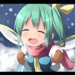  blue_dress breasts brown_gloves bust closed_eyes daiyousei dress eyes_closed fairy_wings gloves green_hair hair_ribbon kuromu_(underporno) letterboxed open_mouth ribbon scarf shirt side_ponytail smile snowing solo touhou wings 