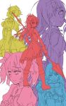  akemi_homura bare_shoulders blue cape character_request color-coded crying drill_hair flat_color hair_over_one_eye hairband hat kaname_madoka kno1 long_hair looking_back magical_girl mahou_shoujo_madoka_magica miki_sayaka multiple_girls open_mouth pink polearm ponytail purple red sakura_kyouko short_hair short_twintails skirt spear standing tears tomoe_mami twintails weapon wink yellow 