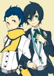  aiwatan alternate_hairstyle arisato_minato arisato_minato_(cosplay) black_hair blue_eyes blue_hair cosplay costume_switch digital_media_player hairstyle_switch headphones male mochizuki_ryouji mochizuki_ryouji_(cosplay) mole multiple_boys persona persona_3 scarf school_uniform short_hair simple_background smile suspenders 