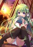  black_legwear blue_eyes blush book frog_hair_ornament green_hair hair_ornament hair_tubes holding holding_book kochiya_sanae leaf long_hair miyase_mahiro panties school_briefcase school_uniform serafuku sitting snake_hair_ornament solo thigh-highs thighhighs touhou underwear white_panties 