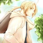  blonde_hair edward_elric fullmetal_alchemist holding hoodie long_hair lowres male nose ocosato ponytail smile solo suitcase yellow_eyes 