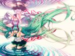  closed_eyes eyes_closed floating_hair green_hair hatsune_miku highres long_hair memai open_mouth reflection ripples screaming skirt symmetry tears twintails very_long_hair vocaloid 