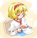  1girl alice_margatroid blonde_hair blush bust capelet chair closed_eyes cup from_above gradient gradient_background headband long_sleeves ribbon saucer shinapuu short_hair simple_background smile solo teacup touhou 