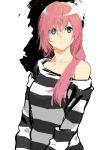  blue_eyes copyright_request kawazu off_shoulder pink_hair shirt solo striped striped_shirt 